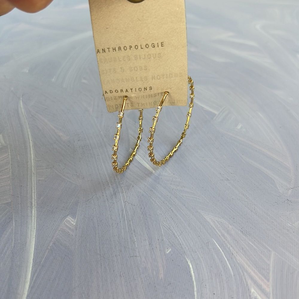 Anthropologie Pave Pattern Gold Hoops with Crystals Size Medium - Picture 4 of 8